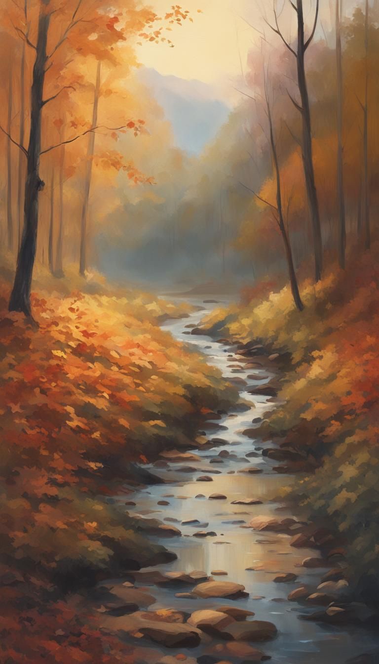 Autumnal Valley Stream at Dusk: Impressionist Landscape