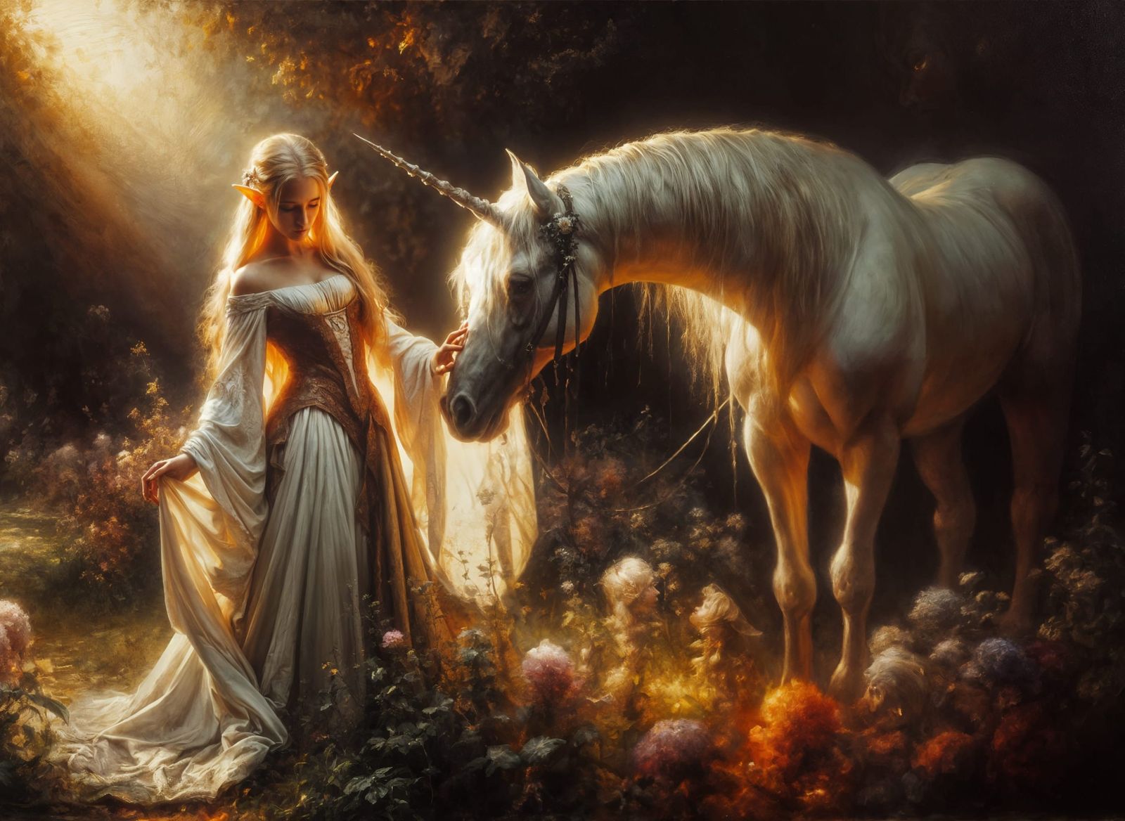 Ethereal Renaissance Elf Tenderly Touches Majestic Unicorn i...