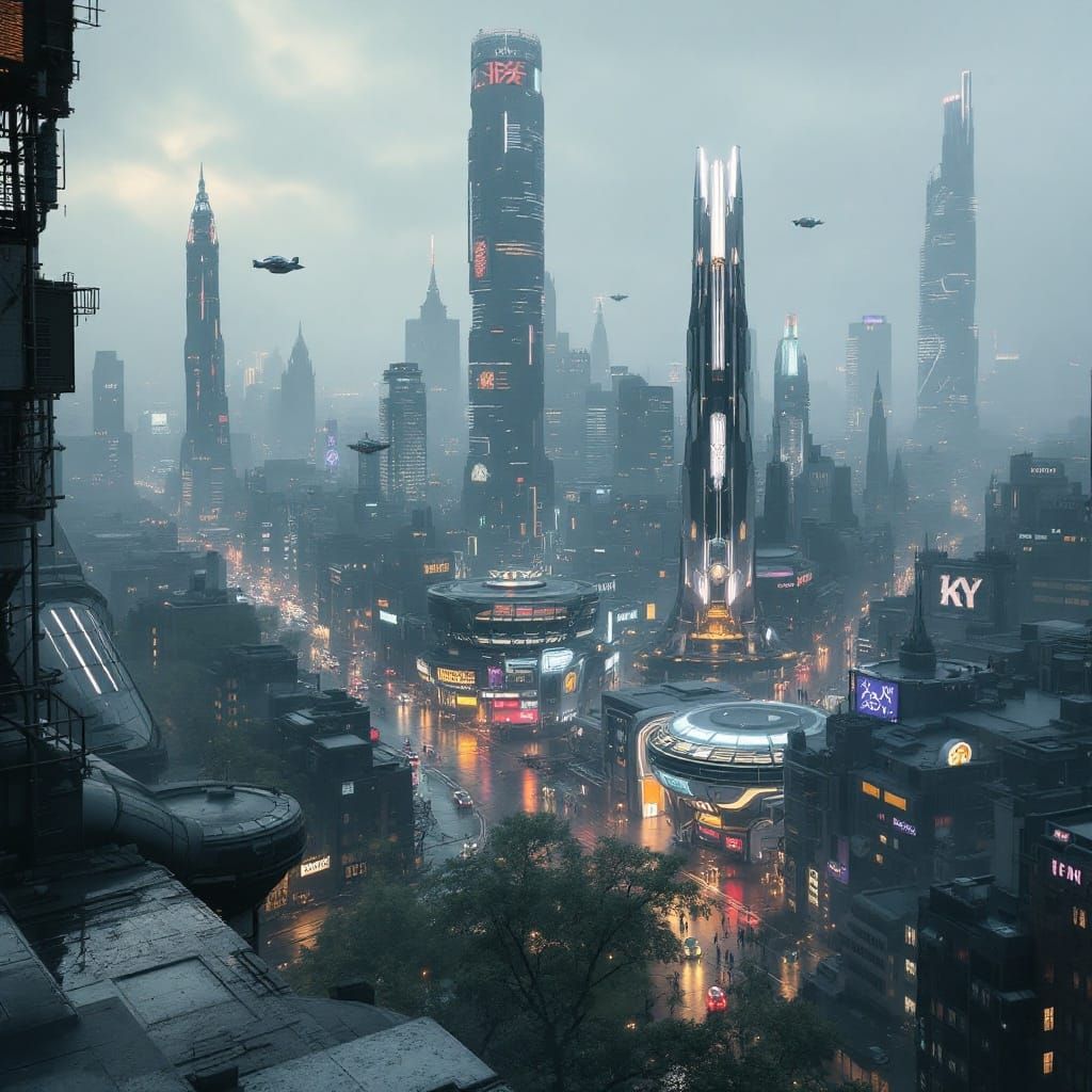 Dystopian London in Neon-Lit Futurism