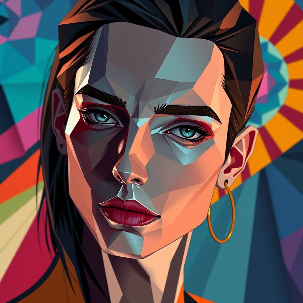 Angular Hyperrealistic Portrait in Art Deco-Inspired Cubist...