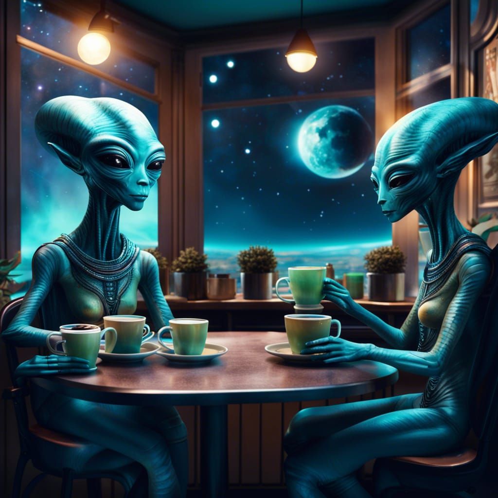 Hyperrealistic Alien Coffee Shop Among the Stars