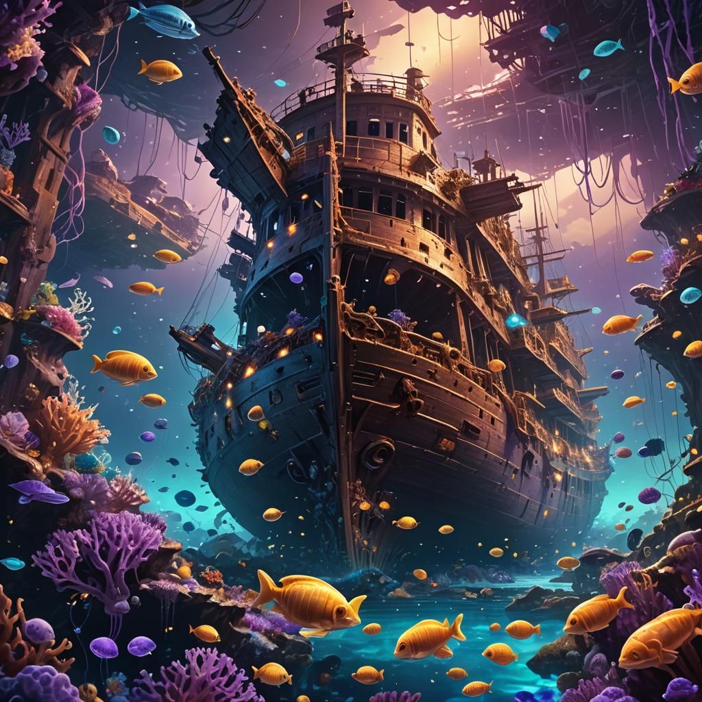Majestic Shipwreck on Ocean Floor: Concept Art