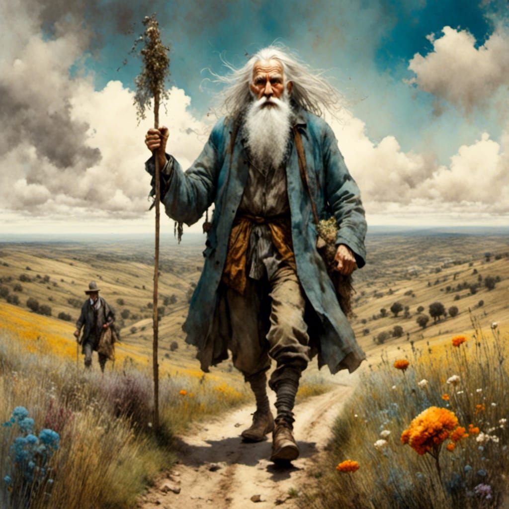 Enchanting Old Man in a Sunny Landscape, 3D Animation