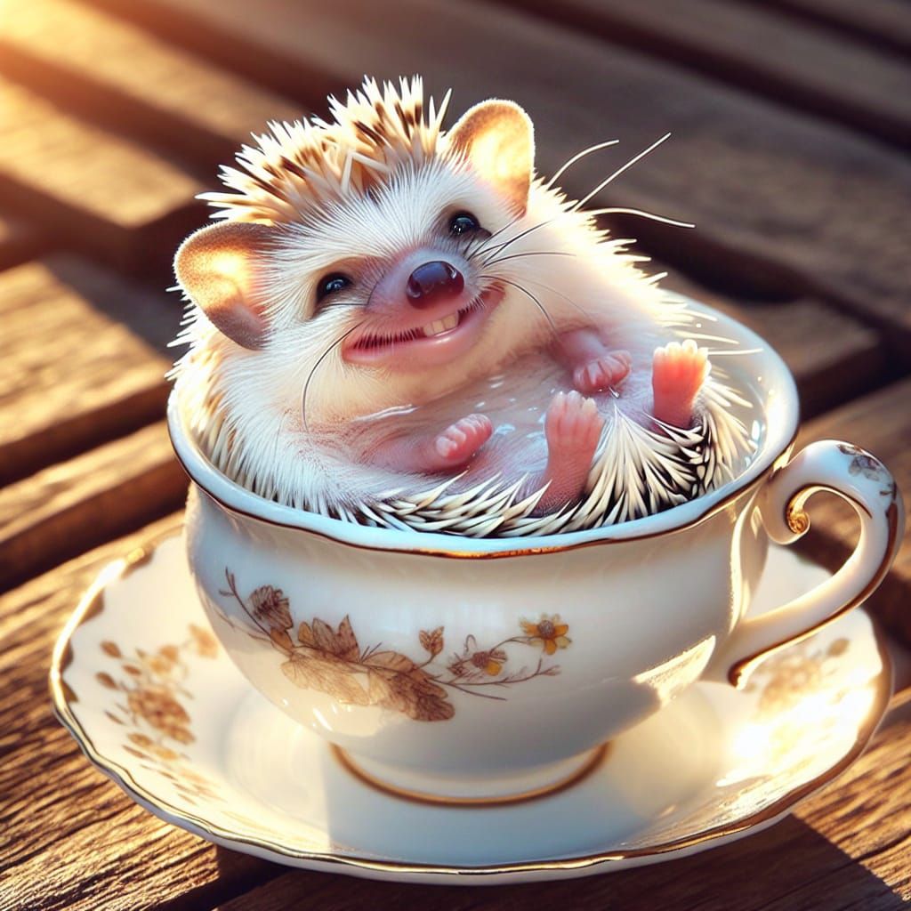 Albino Hedgehog's Playful Bath in Sunlight