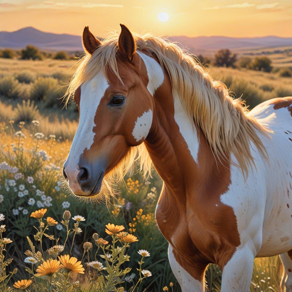 Pinto Horse on Plains in Watercolor Style