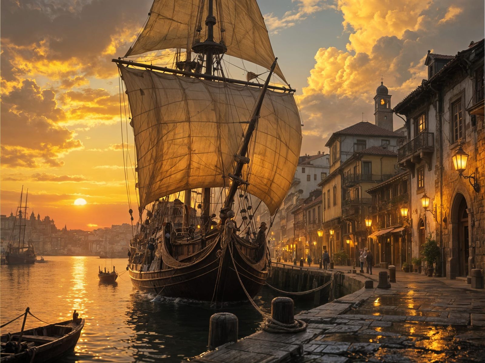 15th Century Ship at Porto Sunset: Detailed Matte Painting