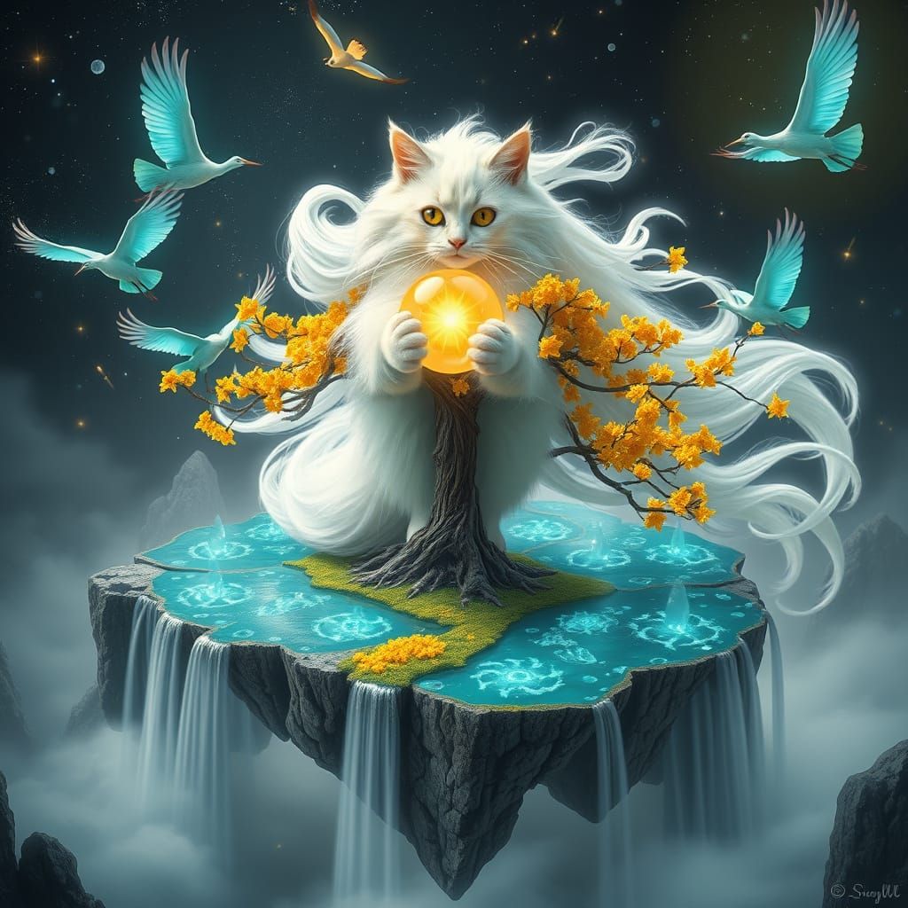 Cat Goddess on Floating Waterfall Island