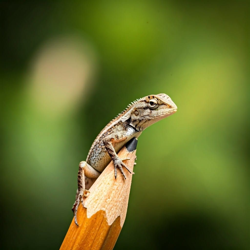 Tiny Lizard Perched Delicately on Pencil in Soft Focus