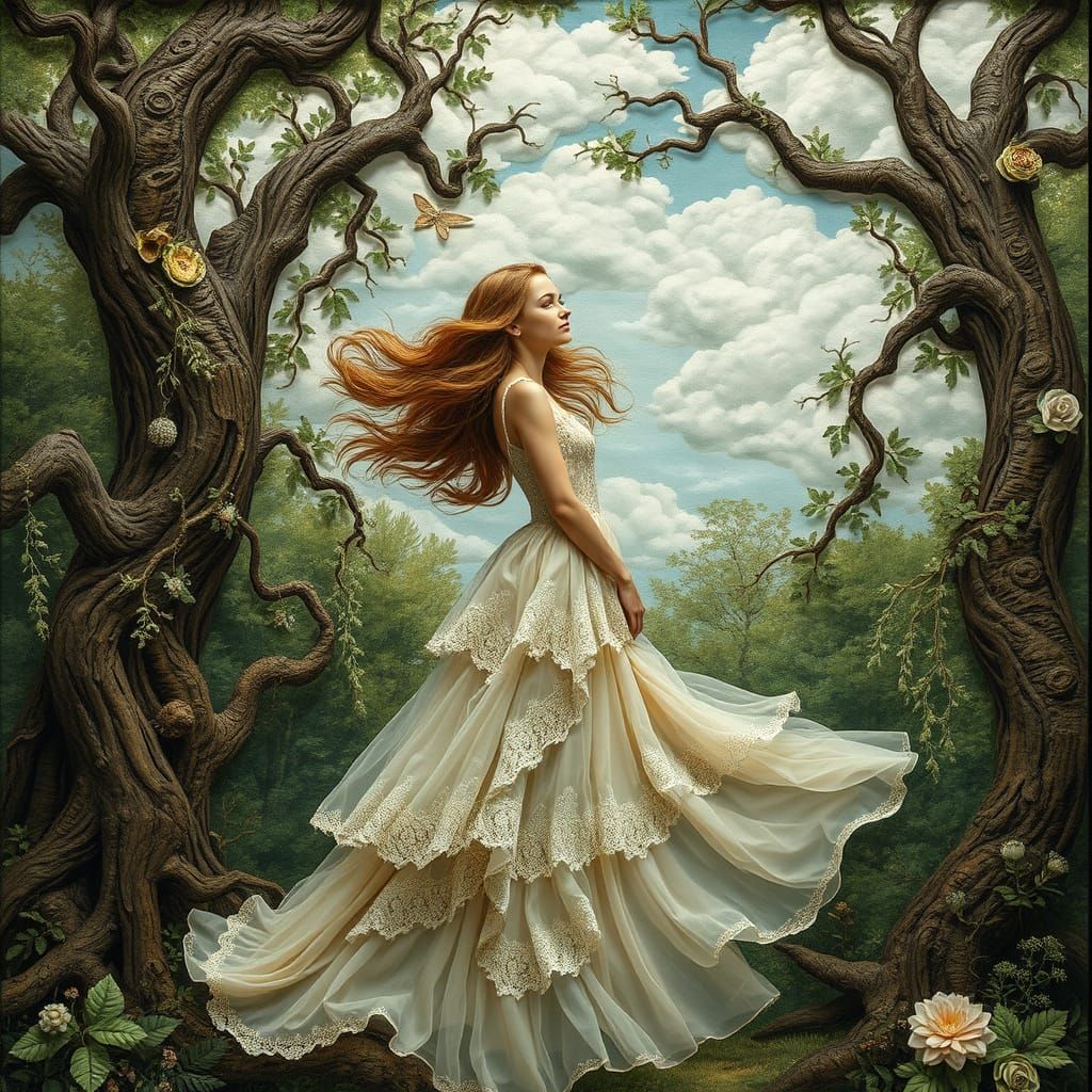 Whimsical Woman Surrounded by Nature-Inspired Fabric Element...