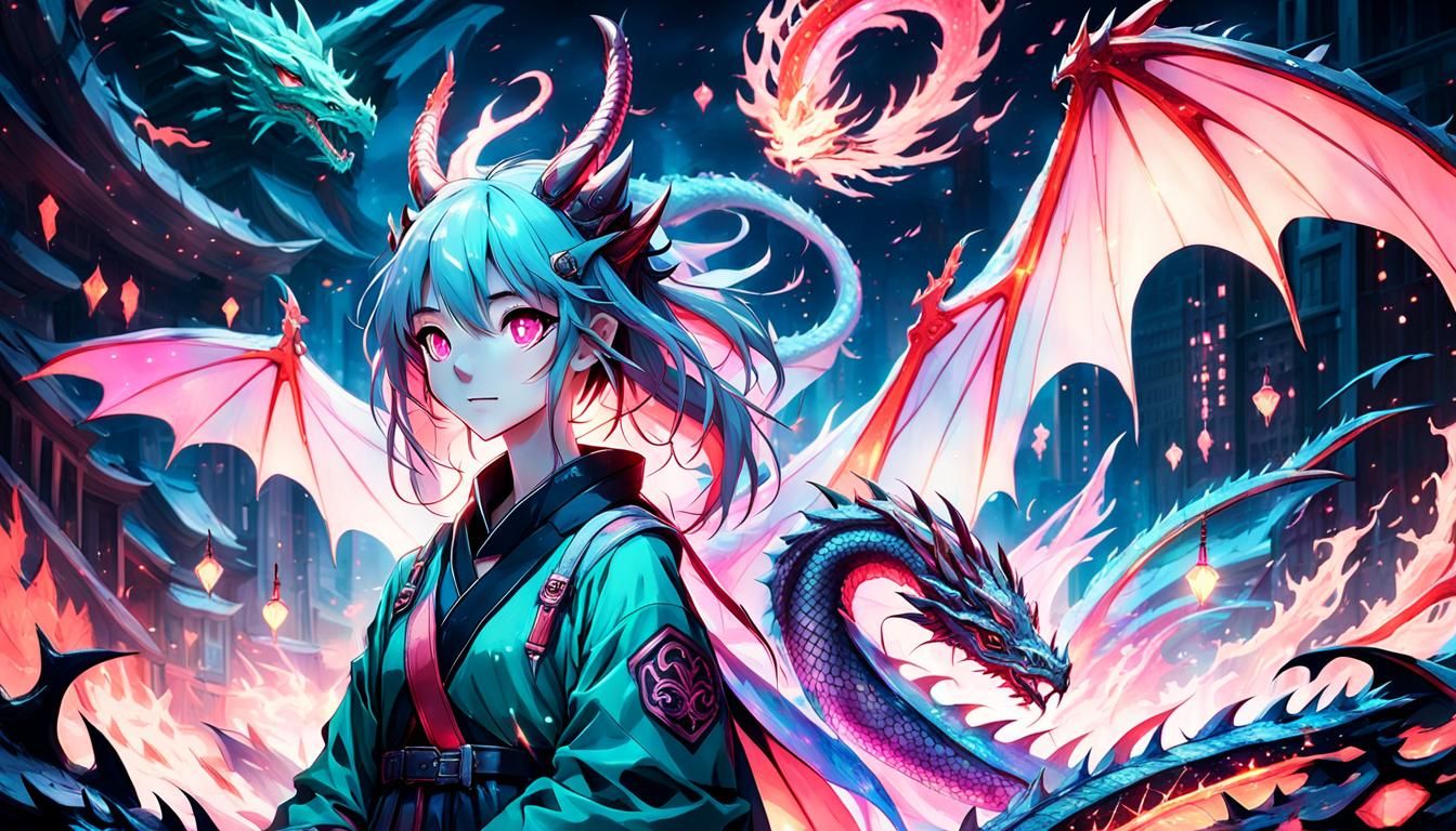 masterpiece, best quality, (Anime:1.4), pastel anime dragon Asia girl, slime, fire look, shimmering lights, dragon in ba...