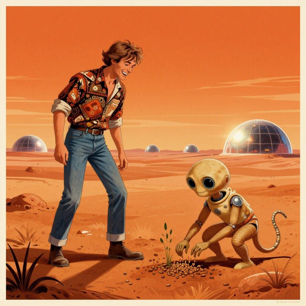 Joyful Man and Martian Planting Grains on Mars