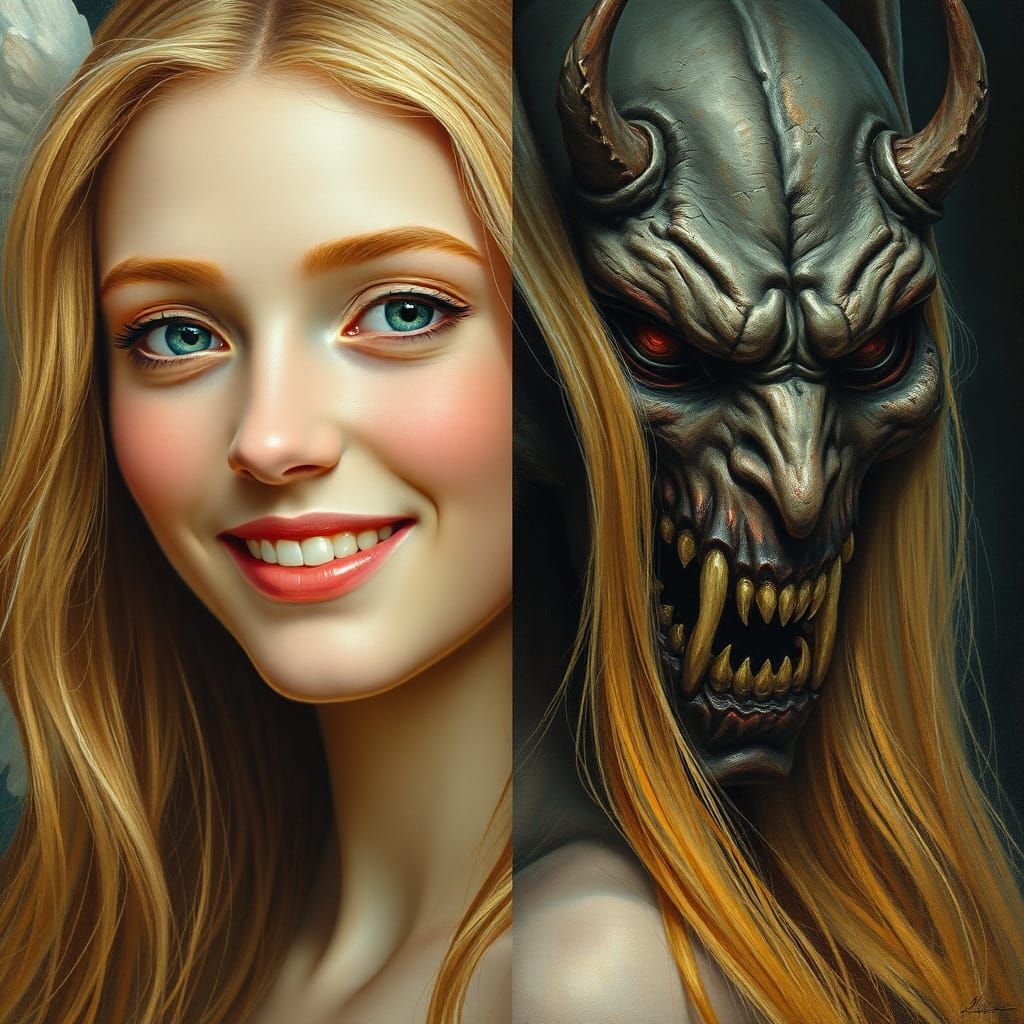 Angelic Woman and Demonic Visage in Striking Contrast