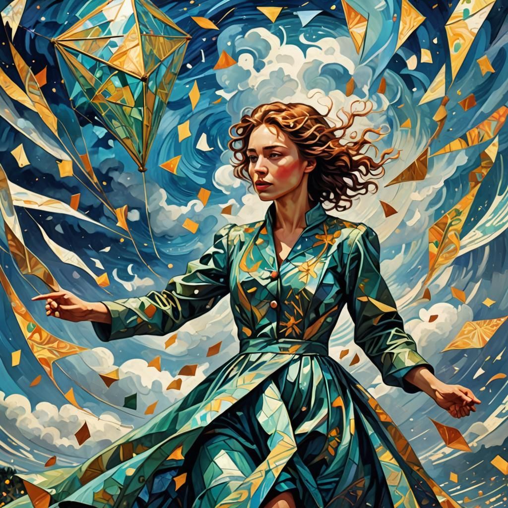 Woman's Kite Ripped by Storm in Art Nouveau Style