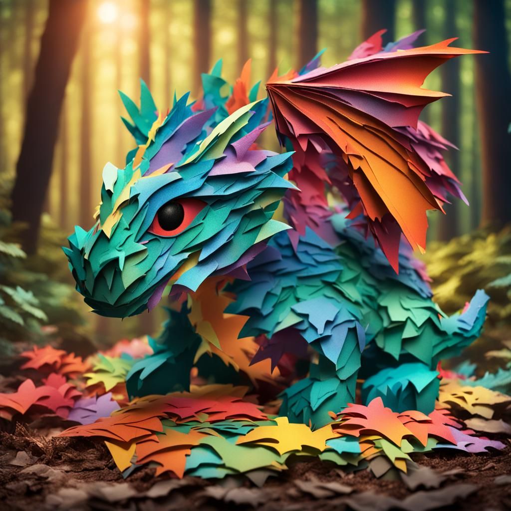 Hyperrealistic Paper Dragon in Colorful Forest