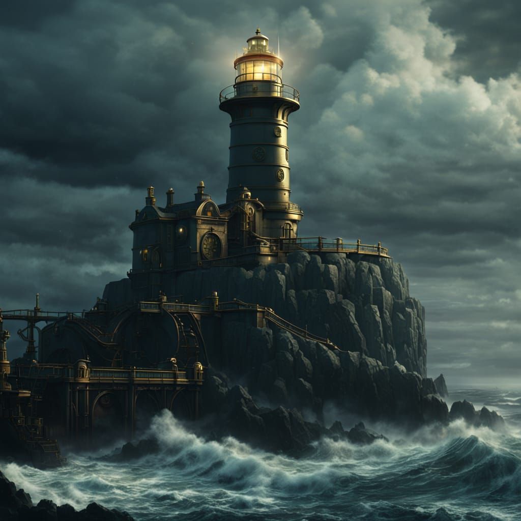 Steampunk Lighthouse Shines on Stormy Sea