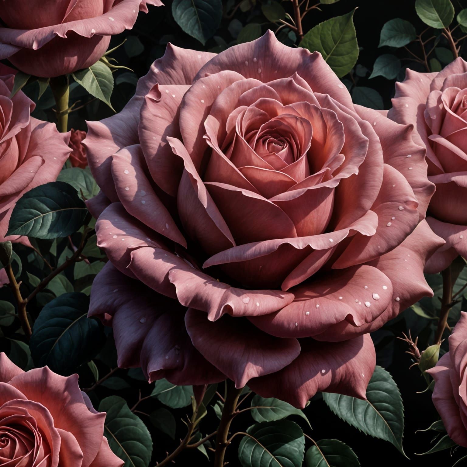 Dramatic Dark Pink Rose in Full Bloom Oil Painting