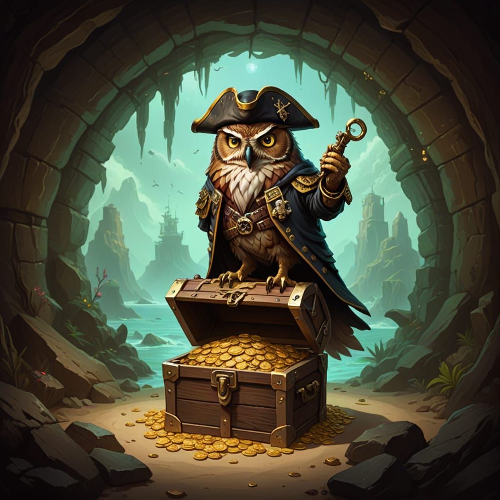 Pirate Owl Guarding Treasure Chest in High Fantasy Style