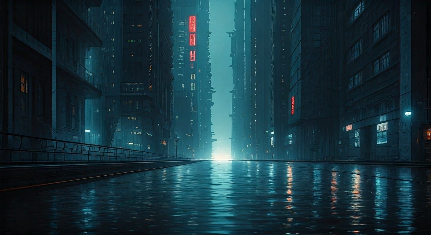 Cyberpunk Cityscape with Neon Lights, Rainy Streets