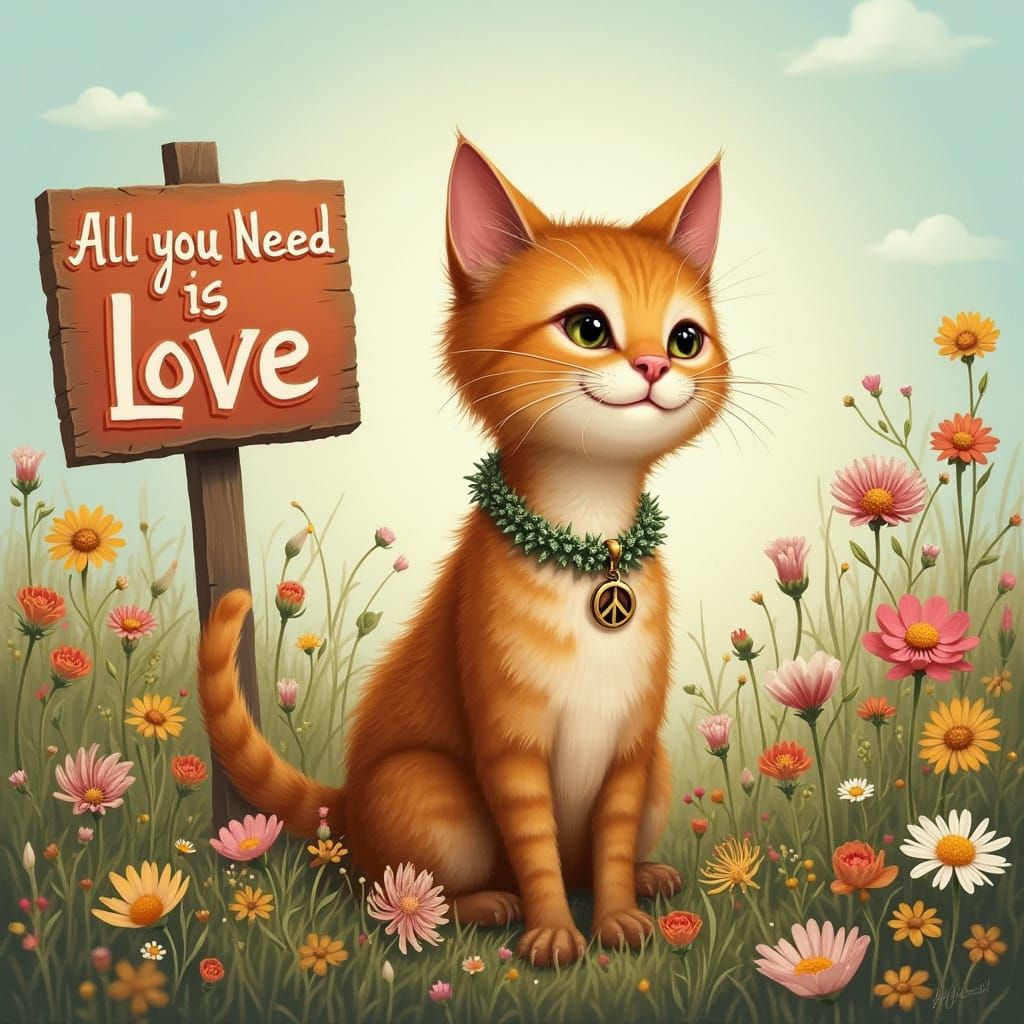 Cat with Peace Necklace in Wildflower Meadow