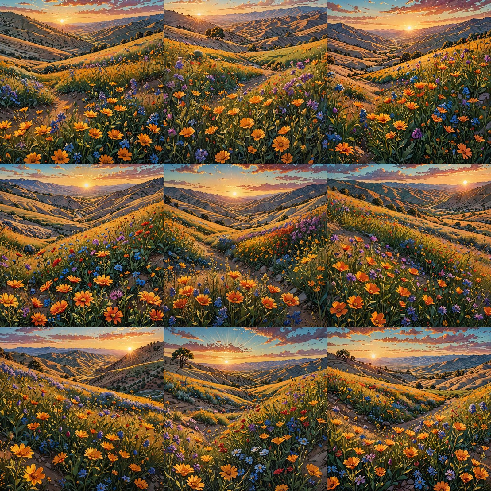 Sunset Wildflowers in Tehachapi: Hyperrealistic Splash Art
