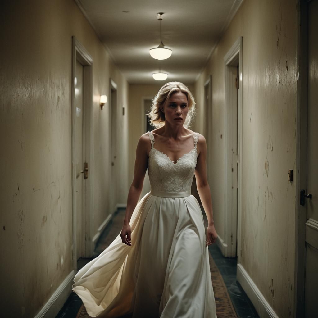 Angry Bride in Dark Corridor: Cinematic Film Still