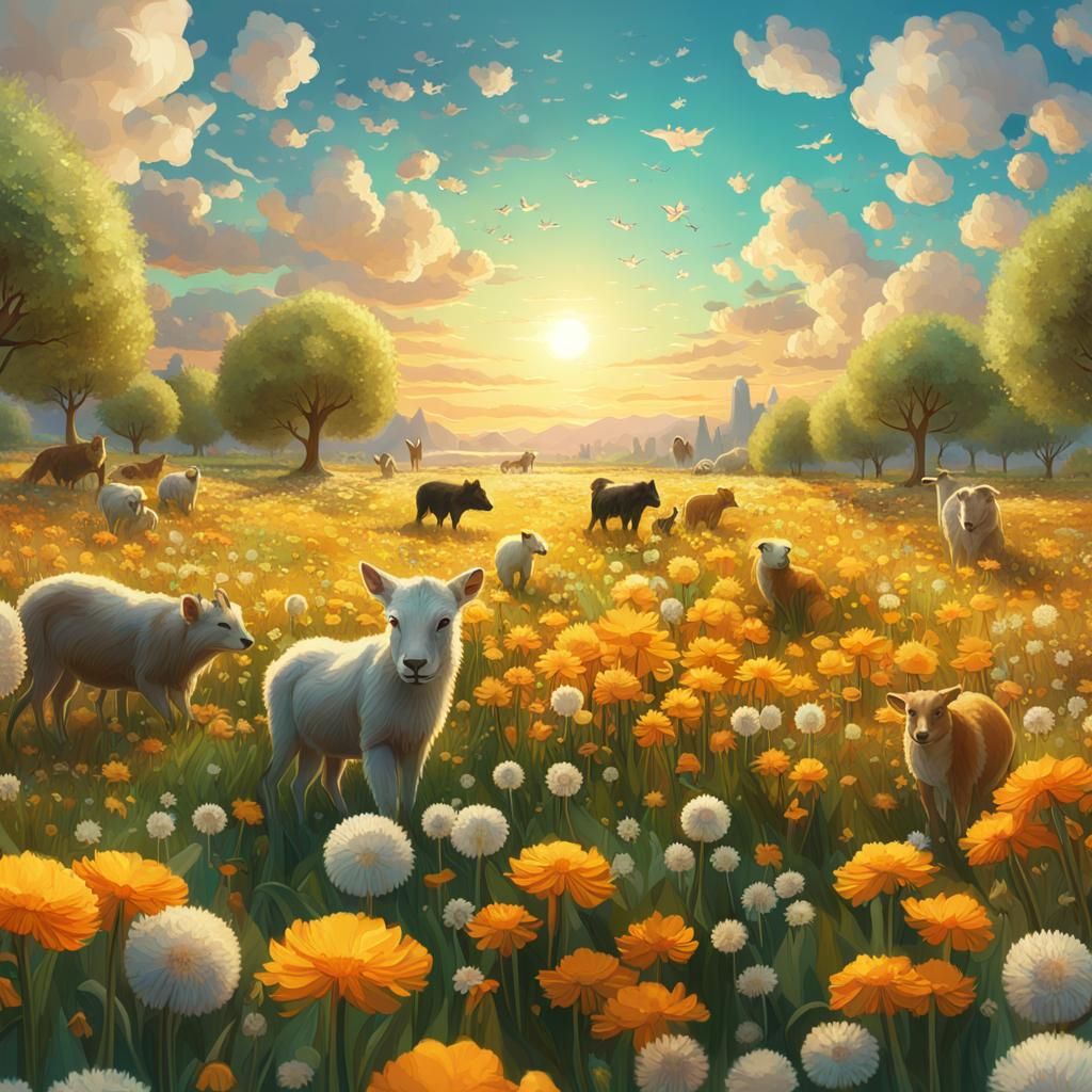 Sunny Flower Field with Playing Animals