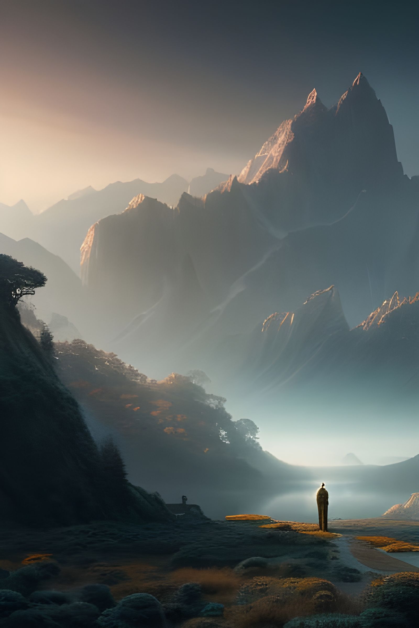 Misty Autumn Valley: Lonely Traveler in Digital Art