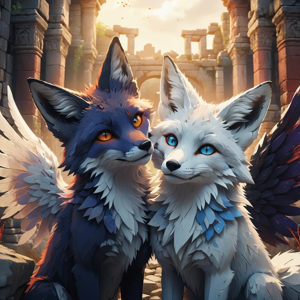 Winged Foxes in Ancient Ruins, Anime Style