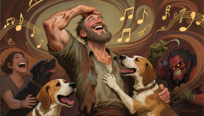 Joyful Man Embracing Life's Excesses in Oil Painting