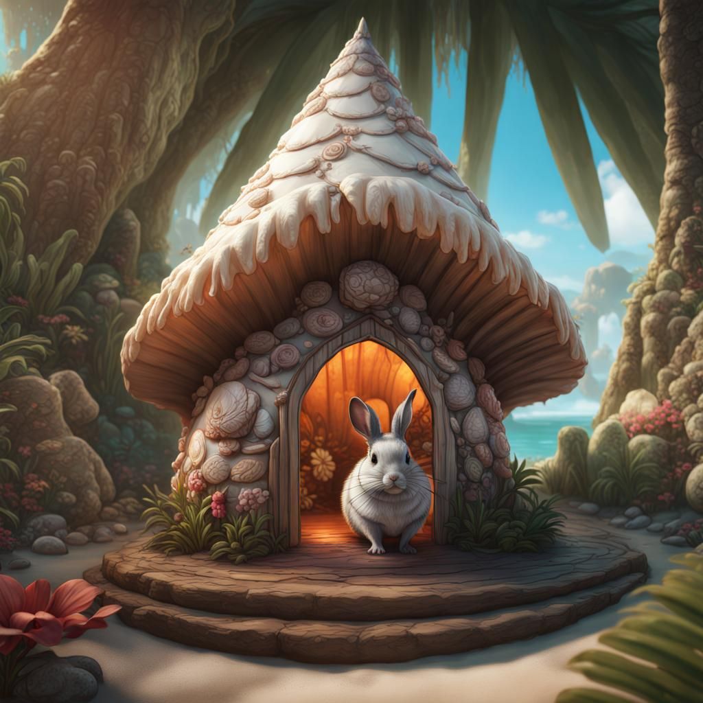 Chinchilla Bunny in Tropical Seashell Hut