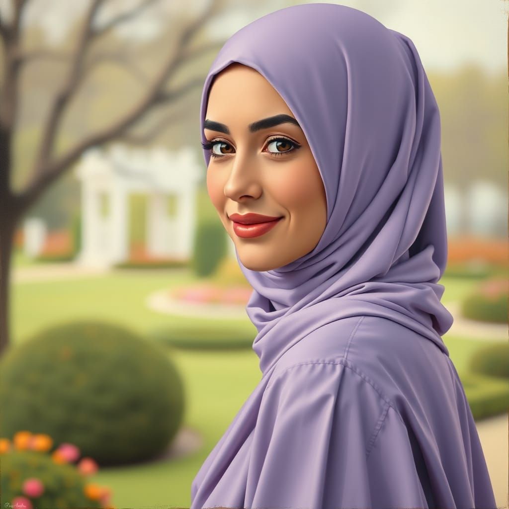 Elegant Hijabi Woman in Lavender Dress in Garden