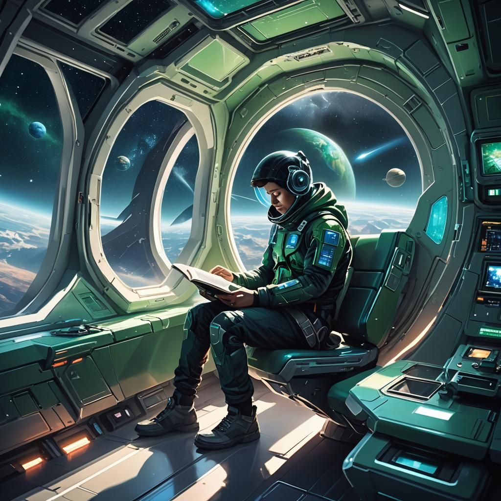 Reading in Spacecraft with Earth View Digital Art