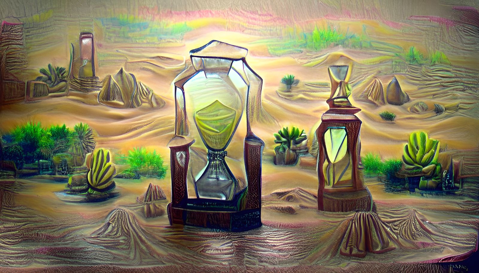 Neon Hourglass in Sepia Desert: Acrylic Painting
