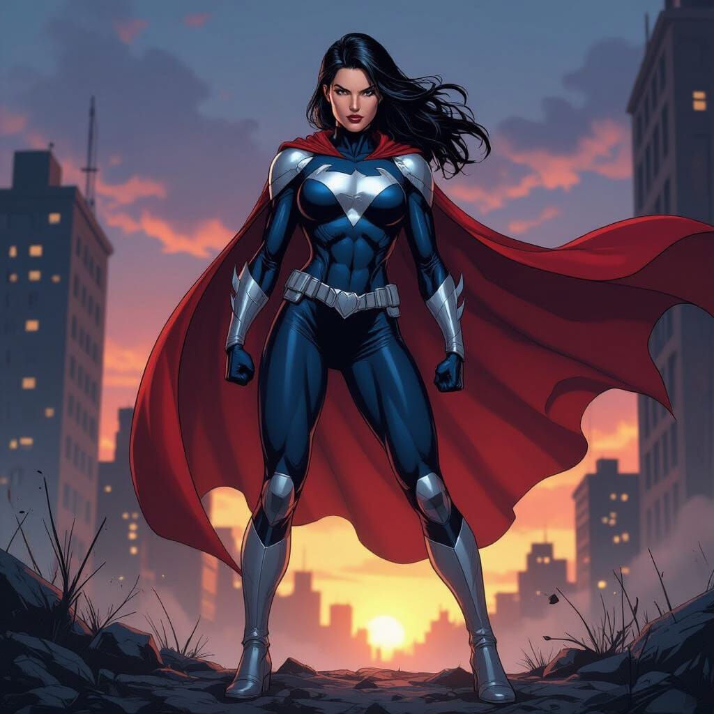 Superhero "M" Stands Defiant in Urban Dusk