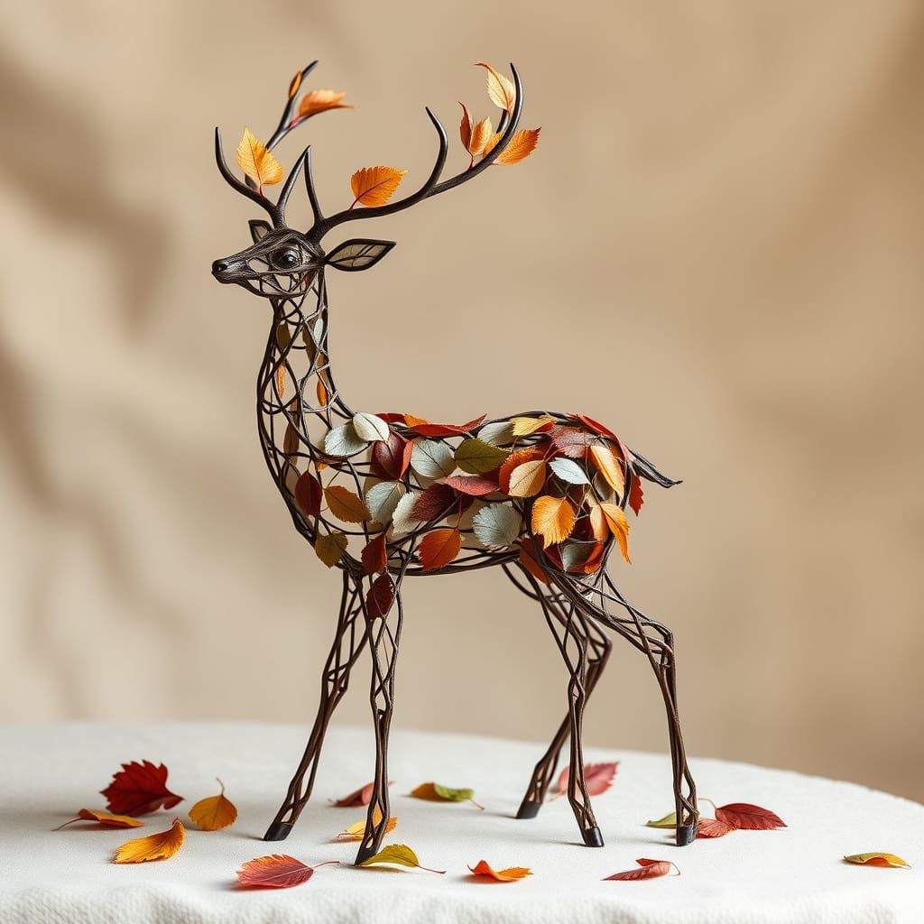 Autumn Leaf Deer Sculpture in Organic Style