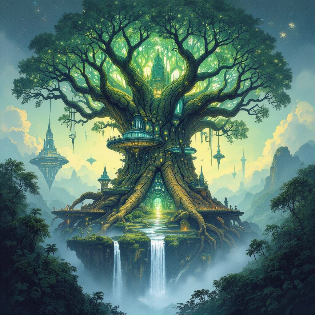 Bioluminescent Alien City in Ancient Tree