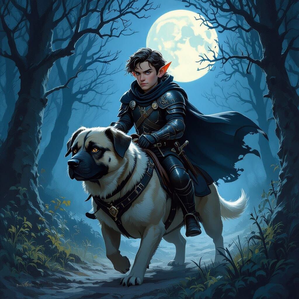 Halfling Adventurer Rides Mastiff Through Moonlit Forest in ...