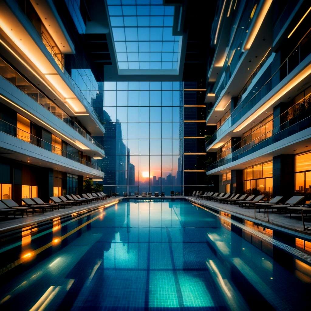 Sunrise Swimming Pool in Neon Lit Skyscraper