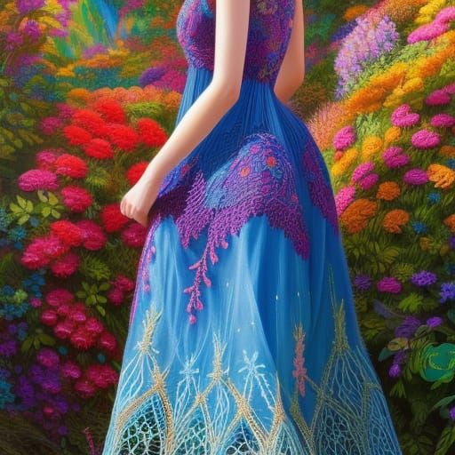 Woman Dancing in Crochet Flower Dress, Gouache Painting