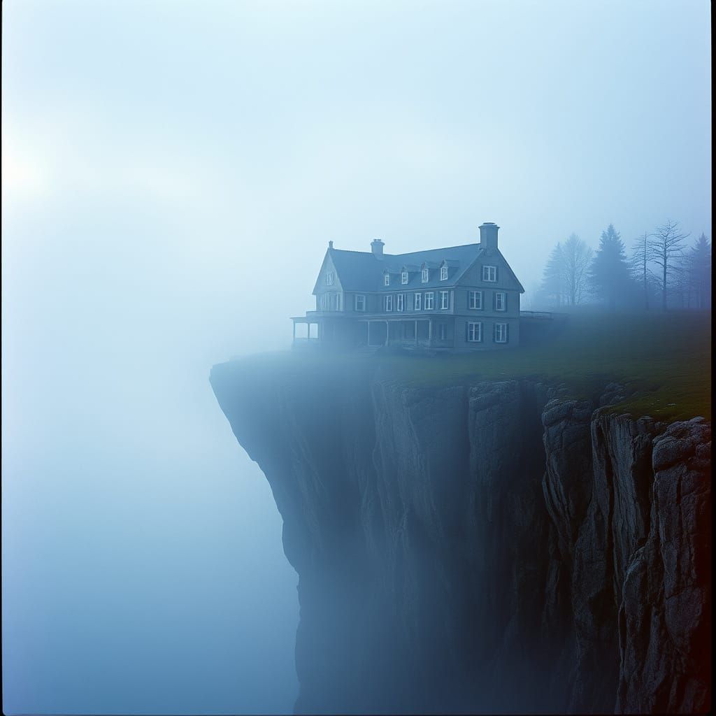 Ethereal Cliffside Mansion in Misty Morning Haze