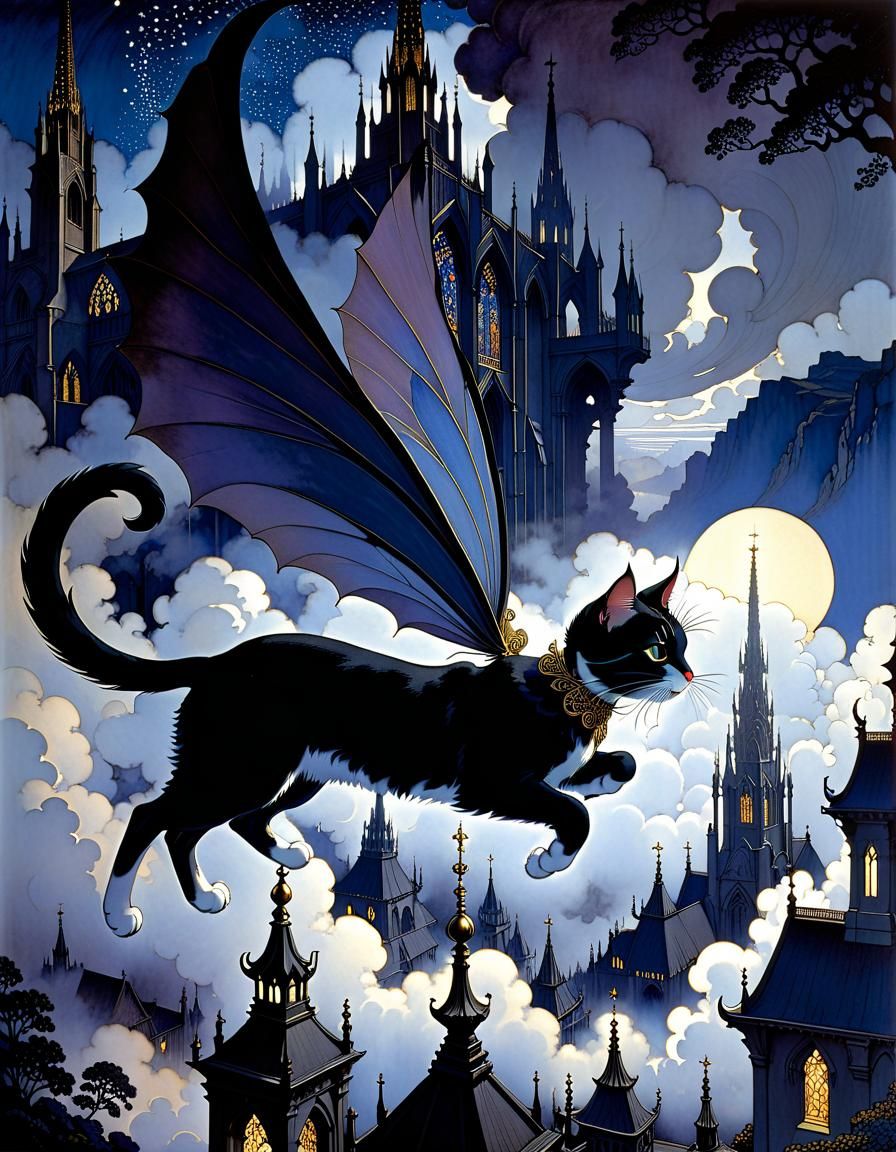 Mysterious Fairy Cat in Cathedral, Golden Age Illustration