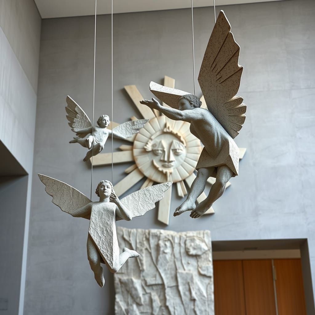 Abstract Stone Angels in Brutalist Cubist Style