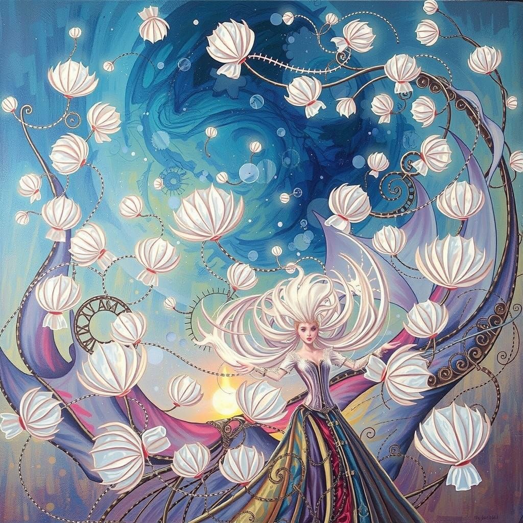 Whimsical Steampunk Goddess in Golden Sunset Oil Painting