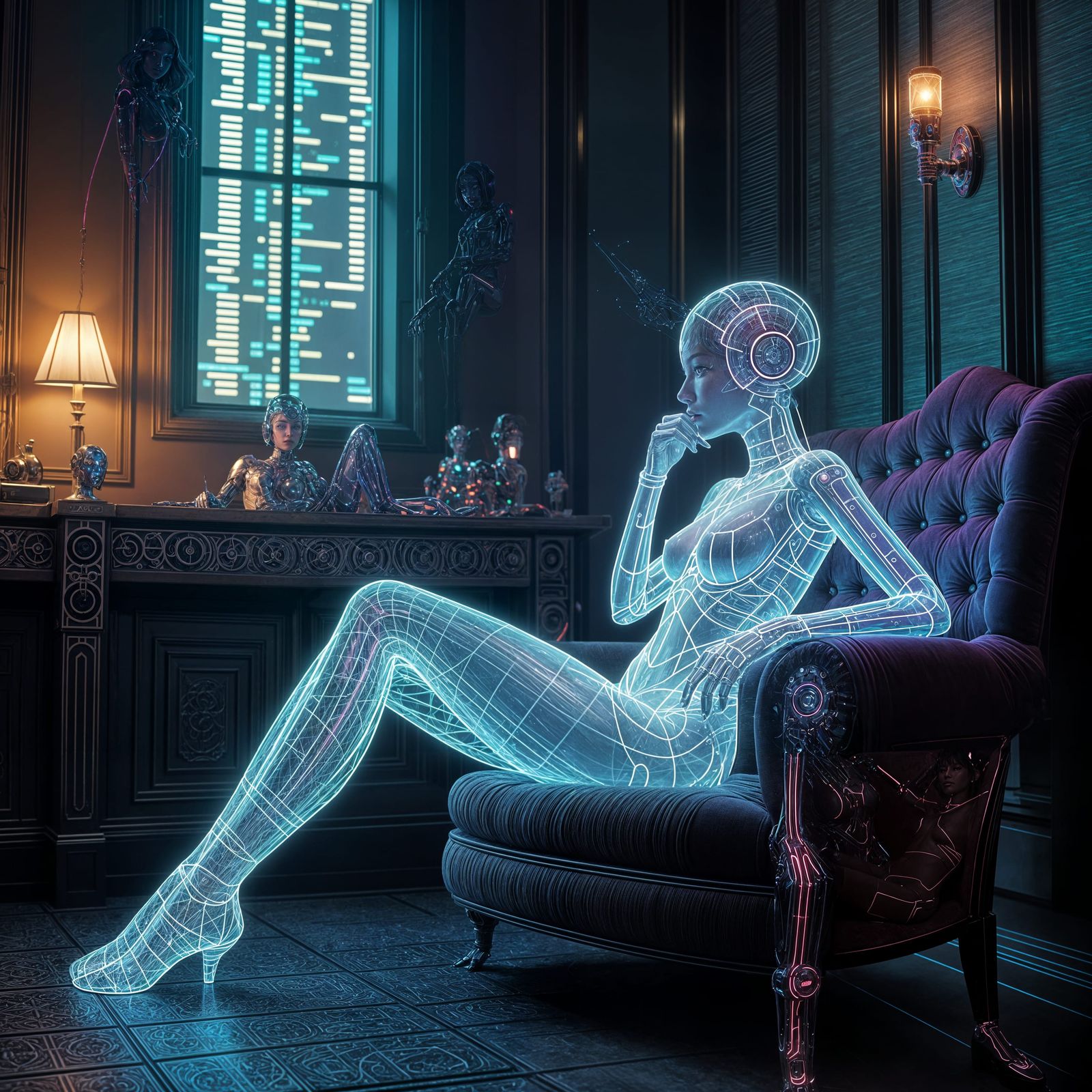 Robot Woman in Art Deco Room: Futuristic Cyberpunk