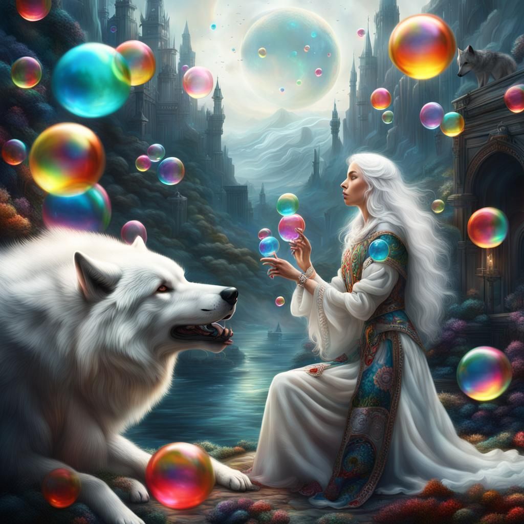 Cinematic Woman and Wolf with Colored Bubbles
