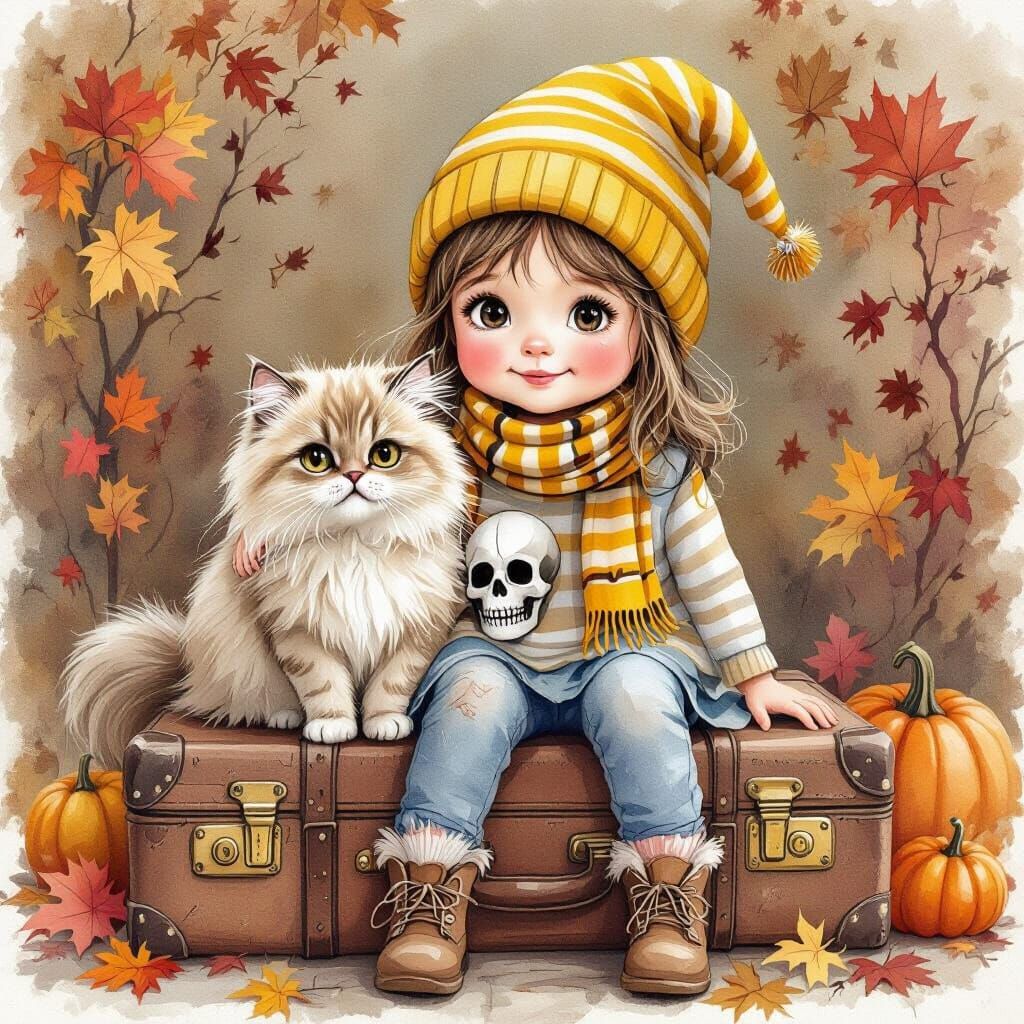 Girl and Cat with Pumpkins, Watercolor Illustration