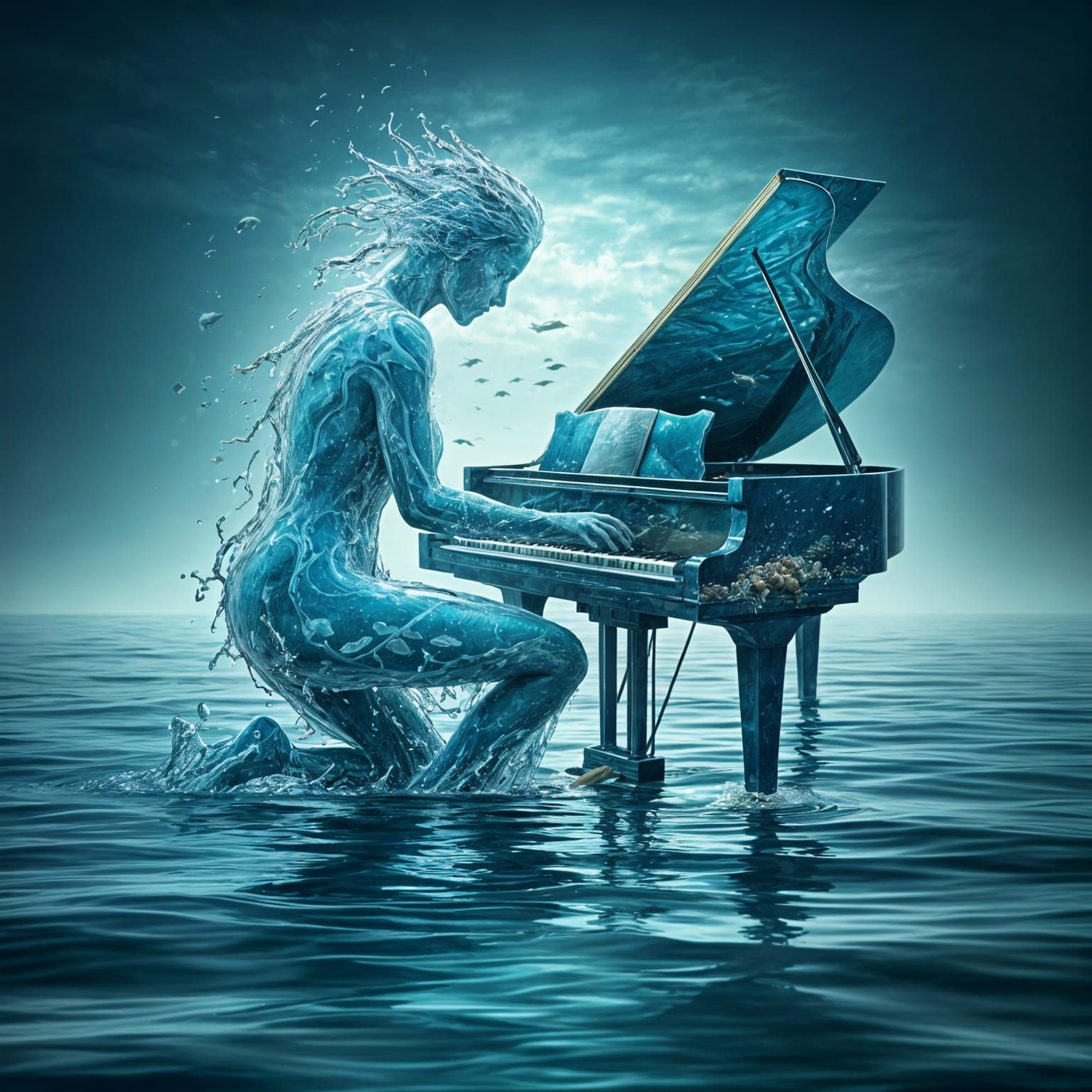 Water Person Rises From Ocean To Play Piano