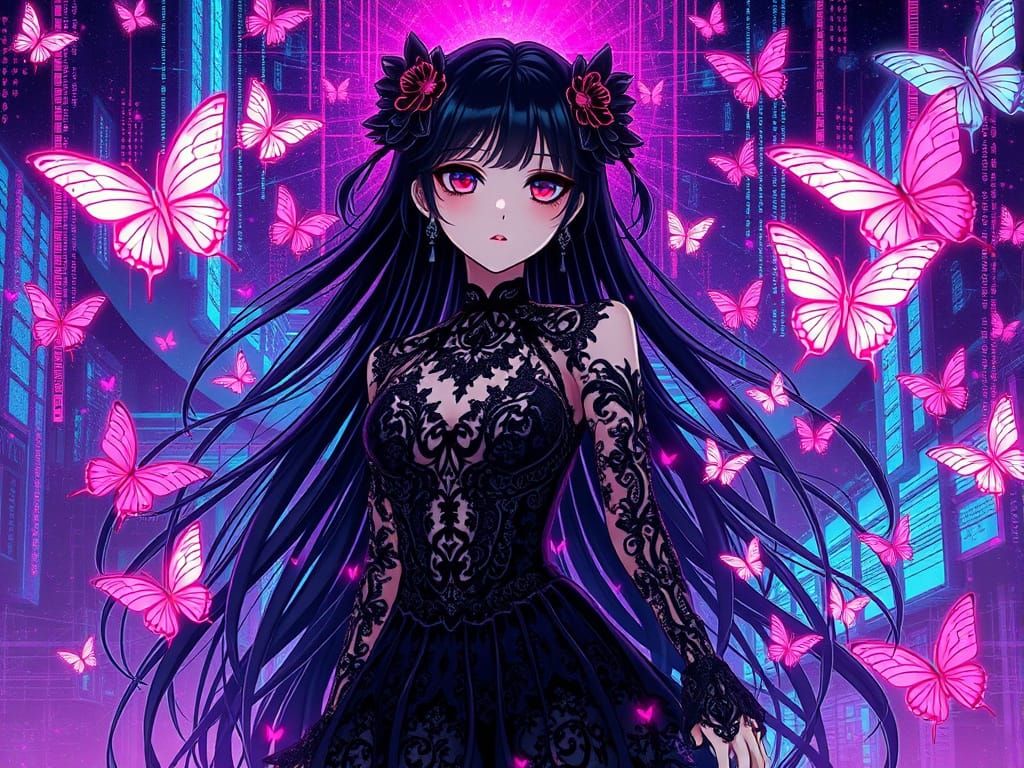 Gothic Anime Girl in Cyberpunk Manga Style