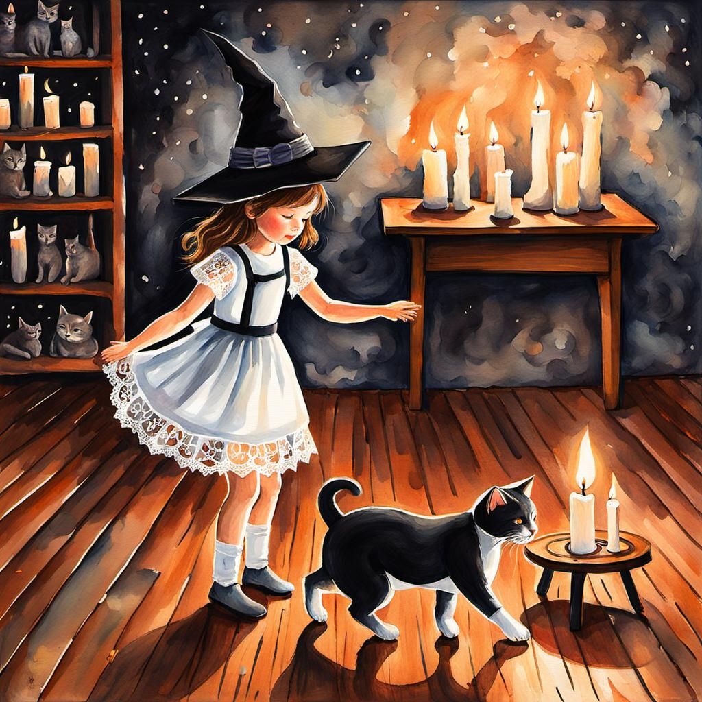 Little Witch Dancing in Candlelight: Gouache Illustration