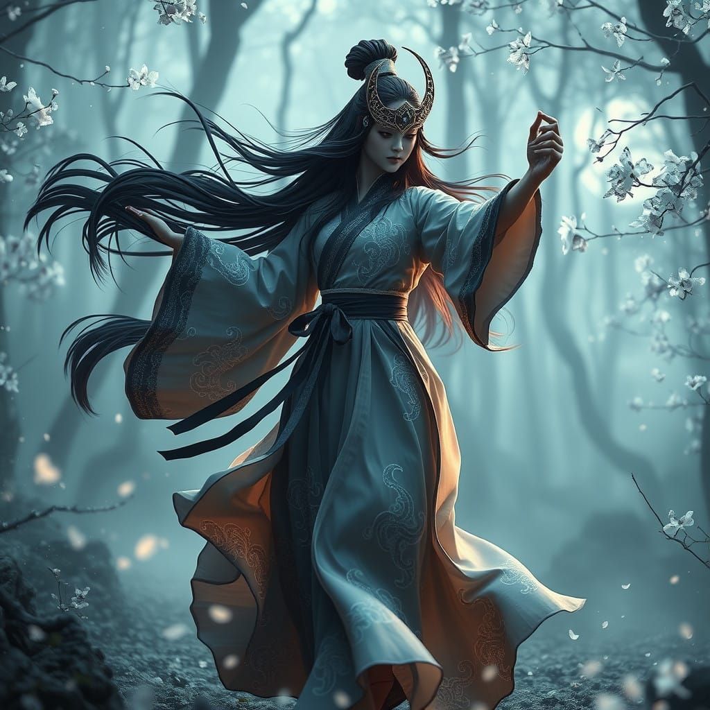 Ethereal Kunoichi Dances Under Lunar Glow